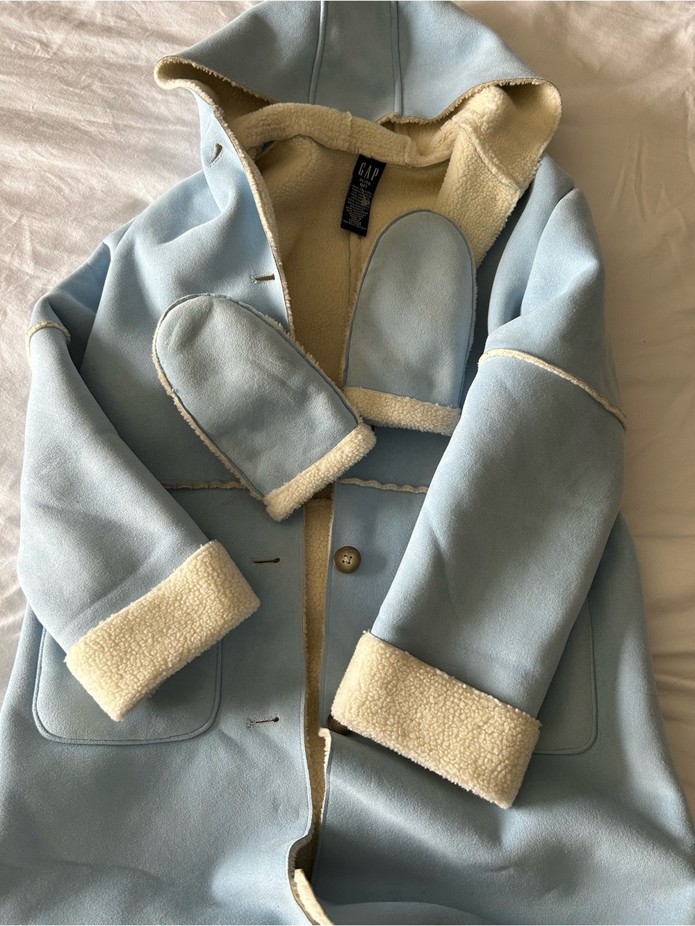 GAP Light Blue Hooded Shearling-Trim Coat with Mittens